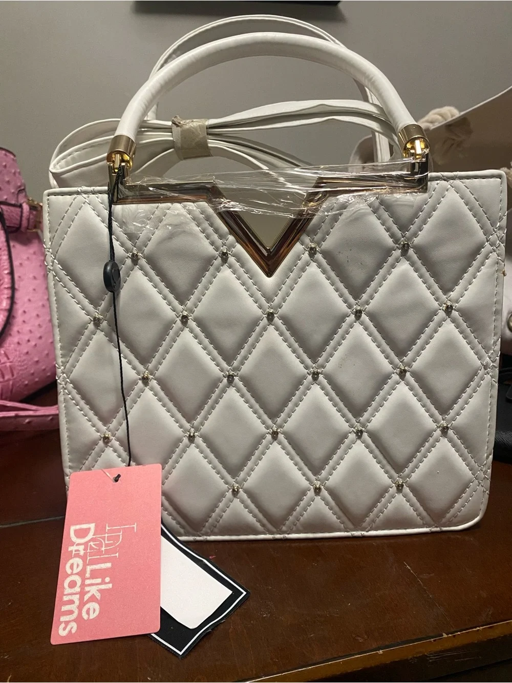 White Quilted Top-Handle Women's Handbag with Gold Accent